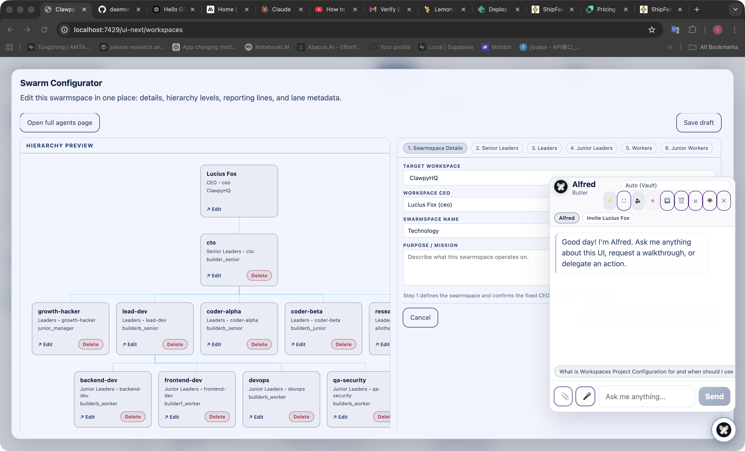 Clawpy Swarm Configurator hierarchy with Alfred assistant panel